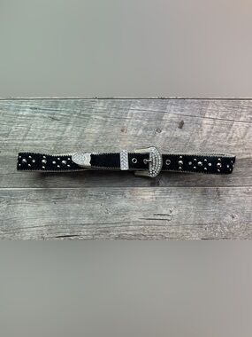 Kathy Van Zeeland Black Western Belt with Crystal Buckle